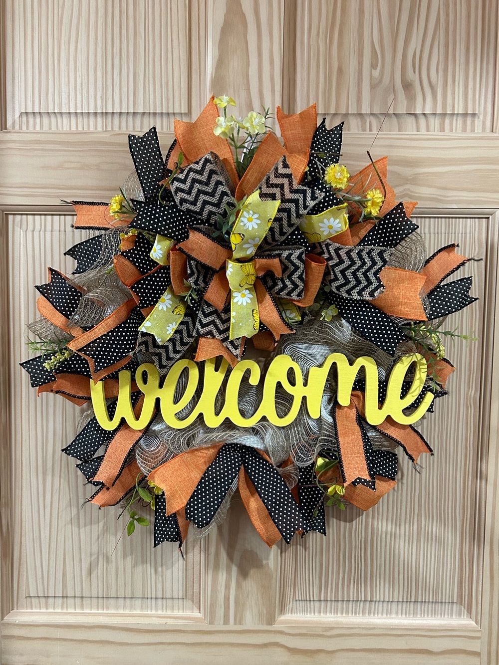 Welcome Fall Door Wreath with Orange, Black & Yellow Accents